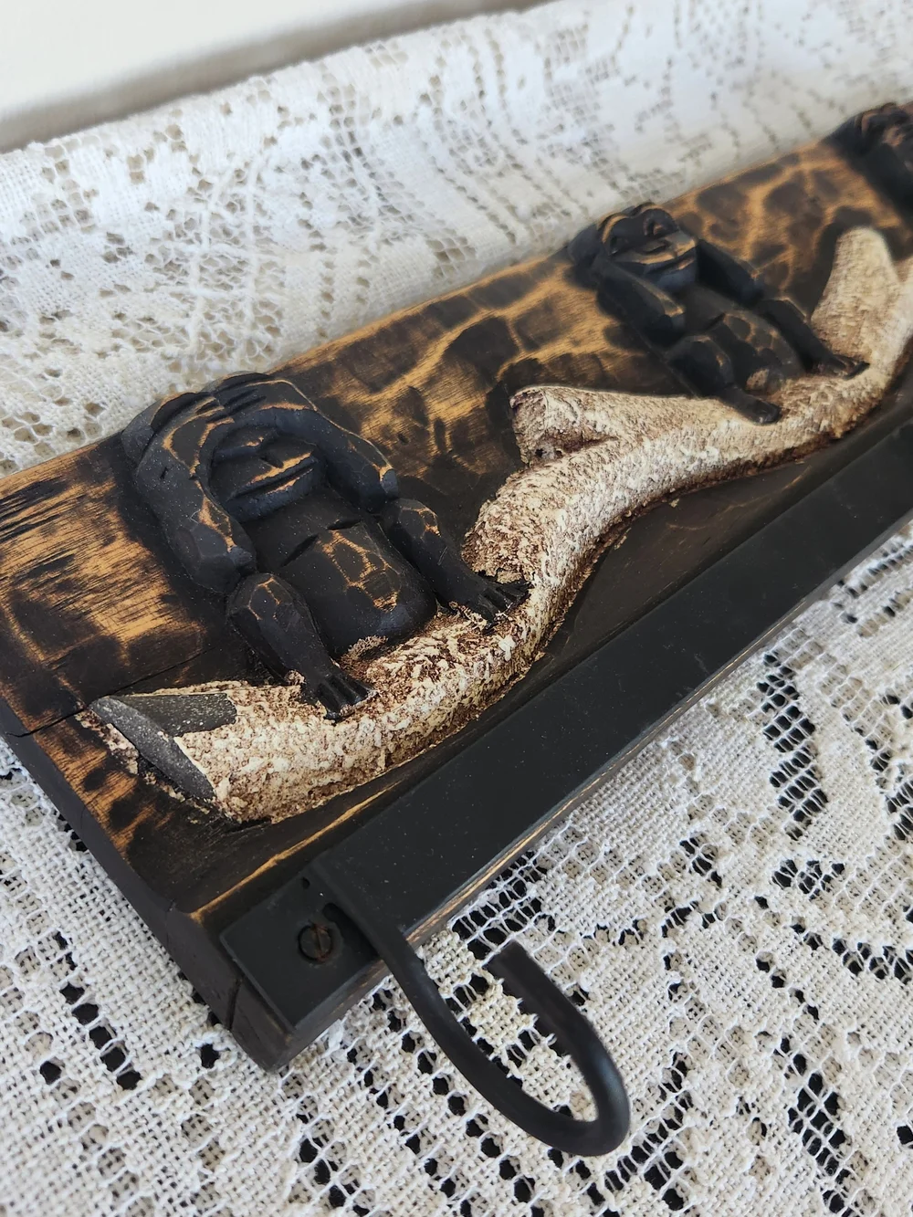 Vintage Carved Wooden Wall Hook with Gold Accents